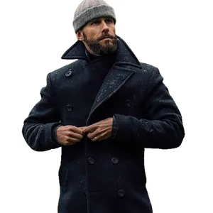 Elegante Britse stijl heren wollen jas met dubbele rij knopen middellange winterjas