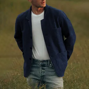 Men's navy blue casual blazer jacket in premium wool-like textured fabric for autumn