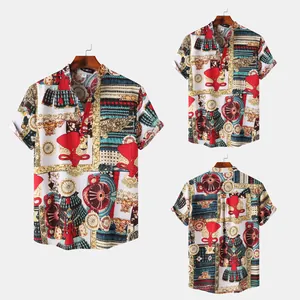 Men's short sleeve casual shirt featuring vintage ethnic print and stand-up collar design