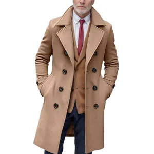 Cappotto lungo professionale da uomo in lana cammello con doppiopetto e vestibilità slim fit