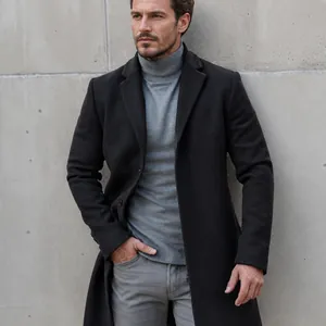Men British Style Thickened Overcoat Mid-Length Windbreaker Jacket For Winter Autumn Polyester Solid Color Pocket Coat Top