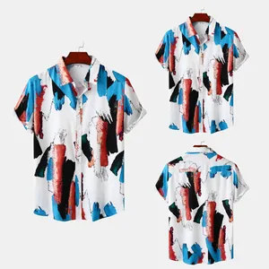 Three views of a men's short-sleeve shirt with colorful abstract brushstroke print