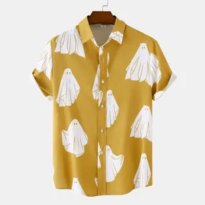 Camicia casual da uomo gialla a maniche corte con simpatica stampa a fantasmi bianchi