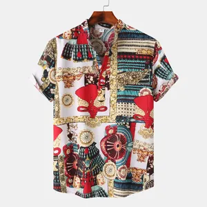 Detailed view of men's short-sleeved shirt featuring a vintage ethnic print design