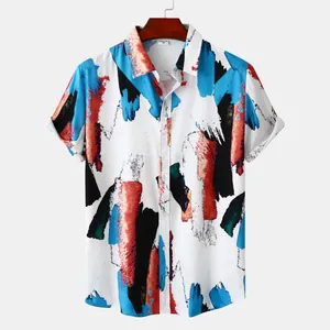Stylish men's short-sleeved beach shirt featuring a vibrant abstract brushstroke print.