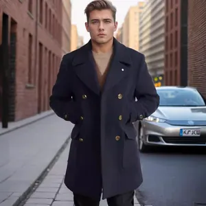 Cappotto da uomo stile britannico lunghezza media blu navy con bottoni d'oro