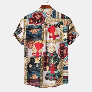 Detail view showing the back of a men's short sleeve shirt with ethnic pattern