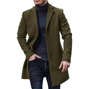 Classic men's olive green mid-length wool overcoat with single-breasted lapel design