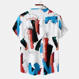 Back view of men's short sleeve beach shirt with vibrant abstract paint stroke pattern