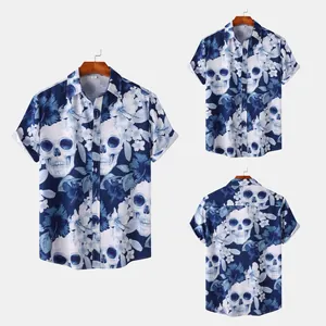 Detailed multi-angle views of men's blue skull and floral print Halloween beach shirt