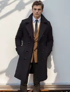 Elegant men's black mid-length wool blend overcoat featuring a classic double-breasted style