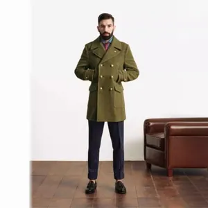 Cappotto di lana doppiopetto verde oliva stile britannico da uomo per autunno e inverno