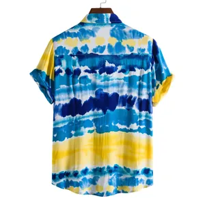 Back view of men's summer casual short-sleeved shirt with blue and yellow tie-dye pattern