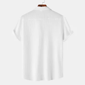 Vista posterior detallada de una camisa blanca de manga corta con textura para hombre en percha