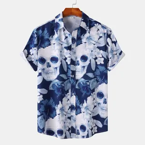Men's casual beach shirt with blue tropical floral and skull patterns in macro detail