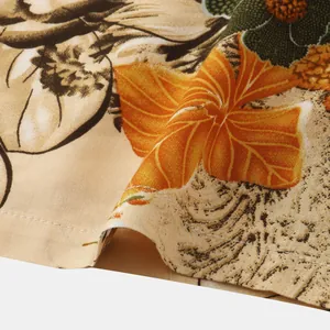 Close-up of breathable cotton linen fabric with vibrant floral print for summer beach shorts.