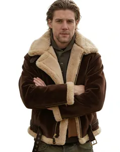 Detailed front view of a men's retro brown shearling aviator jacket with fur collar