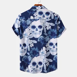 Detailed back view of men's casual short sleeve beach shirt with skull and hibiscus print