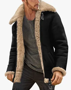 Close-up detail of men's vintage black shearling jacket featuring warm faux fur lining