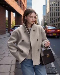 Vista street style di un elegante cappotto di lana beige a doppiopetto su una modella