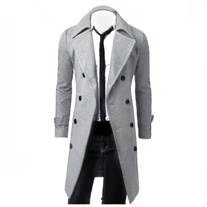 Detail shot of a men's double-breasted long gray wool coat on a white background.