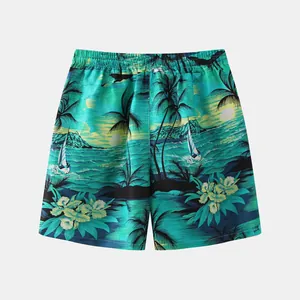 Men's tropical palm tree print beach shorts with elastic waist for summer leisure.