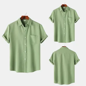 Close-up views showing front and back of green textured short sleeve men's shirt