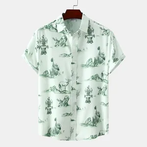 Vue détaillée d'une chemise hawaïenne à manches courtes pour hommes, imprimé vert