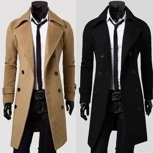 Men Double Breasted Long Trench Coat Casual Slim Fit Lapel Cotton Blend Overcoat Winter Urban Fashion Outerwear Jacket Top