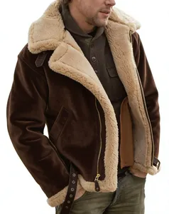 Close-up of men's vintage brown suede jacket with thick cream shearling lining