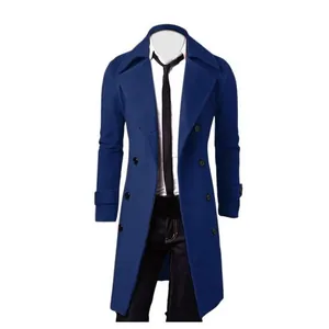 Elegant men's double-breasted long woolen coat in deep blue, stylish formal winter outerwear