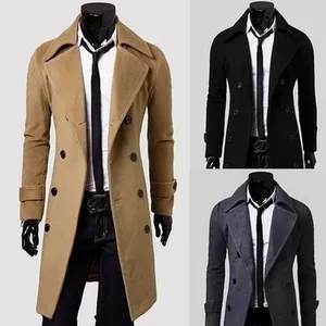 Men's slim fit double-breasted long wool trench coat overcoat in three colors