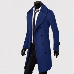 Full display of royal blue double-breasted men's wool coat on mannequin for business