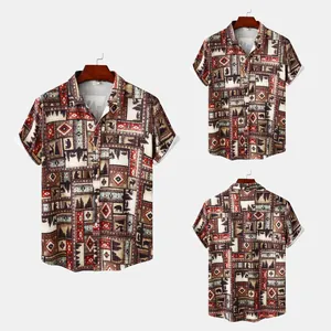 Detailed view of men's short-sleeved beach shirt with rustic forest and geometric print