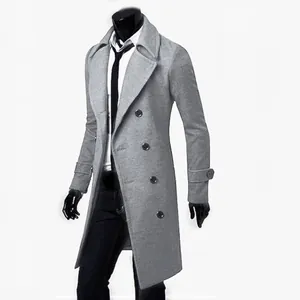 Detailed view of a stylish men's slim fit grey double-breasted long wool blend trench coat
