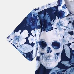 Close-up detail of Halloween men's short sleeve shirt with skull and floral print