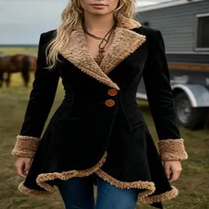 Detail view of women's black suede coat with faux fur trim and asymmetrical hem