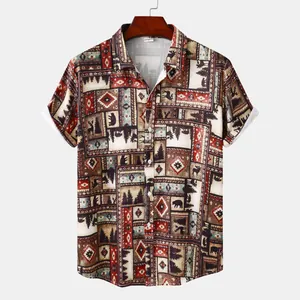 Detail view of men's short-sleeved beach shirt with vintage tribal animal print pattern