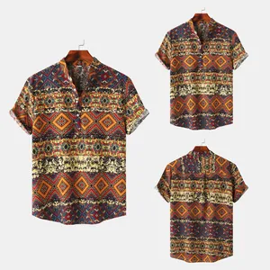 Men's short sleeve Hawaii shirt with vintage ethnic geometric print from multiple views.