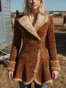 Vintage brown faux suede coat with shearling trim and slim fit silhouette for winter