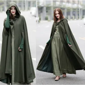 Elegante donkergroene lange mantel met capuchon voor dames Halloween kostuum mode