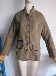 Detailed front view of a women's khaki wool coat with navy contrast piping and antique buttons