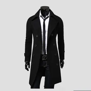 Sophisticated black double-breasted long wool trench coat for men stylish slim fit
