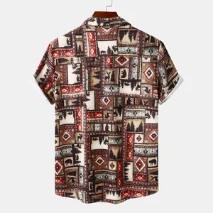 Detailed back view of a men's short-sleeved shirt featuring a tribal wildlife print