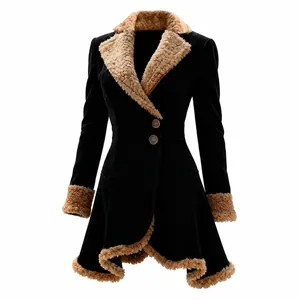 Detailed view of a premium women's black suede coat with tan fleece lining and flared hem