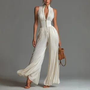 Elegant white pleated wide-leg jumpsuit featuring a zip front and stylish high neck design
