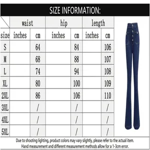 Uitgebreide maattabel en meettabel voor flared jeans met hoge taille en knoopsluiting