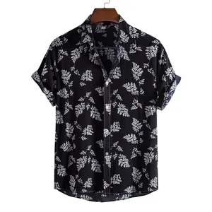 Men's summer casual black short sleeve button-up shirt with white leaf floral print