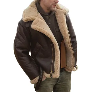 Detail view of men's B3 bomber jacket with thick cream faux shearling lining and collar