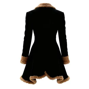 Detailed back view of a black women's faux suede jacket with tan fur lining trim